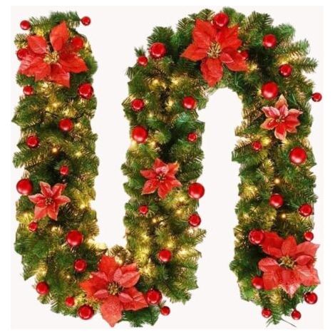 Weihnachtsgirlanden mit Lichtern, Weihnachtsdekorationen, künstliche Weihnachtsgirlande für die Feiertage, 2,7 m (Farbe: Rot)