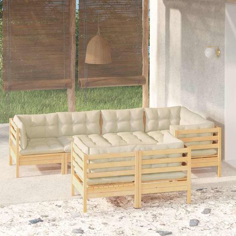 vidaXL Muebles de jardín 7 pzas y cojines madera maciza de pino crema (1/4)