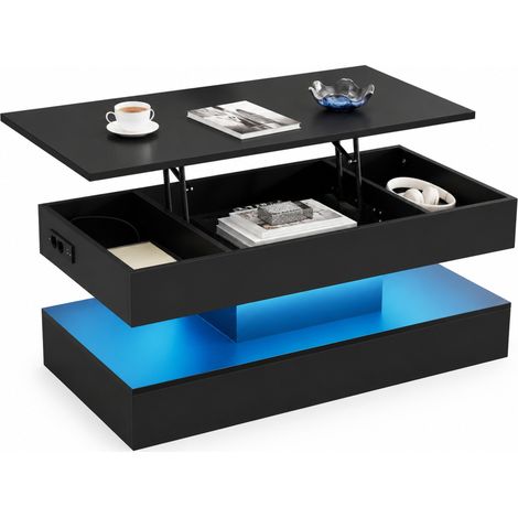 Table basse relevable avec LED, rangement caché et prises EU, plateau réglable pour salon moderne, panneau de particules noir - CHICFURN (1/5)