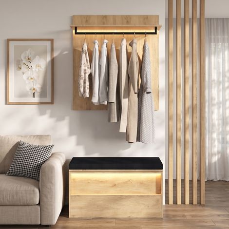 Set appendiabiti e panca scarpiera 90x47x145 cm in MDF rovere con contenitore FloraGrace (1/5)