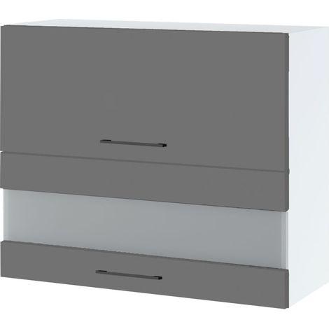 Meuble haut de cuisine Lovia Gris Mat 2 portes relevables avec vitre opaque L 90 cm - Porte avec poignée apparente Grey (1/2)