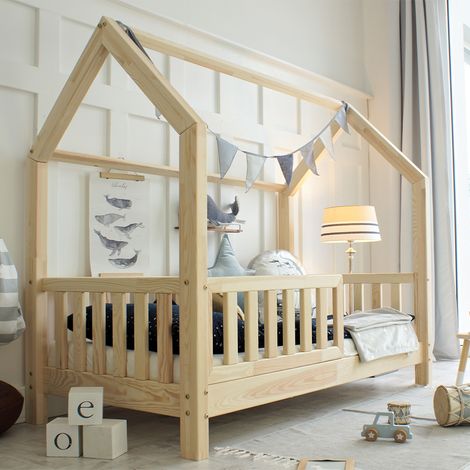 Lit cabane 90x190 barrière et sommier inclus pieds 10 cm Daisy Bois