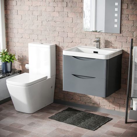 Lyndon 600mm Wall Hung Vanity Basin Unit & Square Rimless Close Coupled Toilet Grey (1/5)