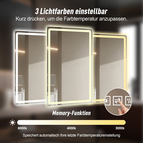 Miroir de salle de bain LED sans cadre 60x100cm, éclairage frontal dépoli, anti-buée, 3 températures de couleur, variateur continu, fonction mémoire, montage horizontal ou vertical, étanche IP44 (1/5)