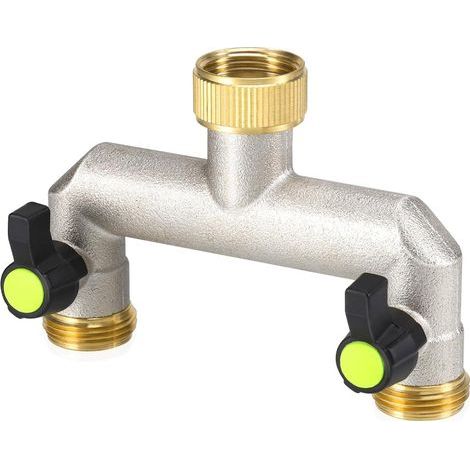 Connettore per tubo da giardino a due vie per impieghi gravosi, distributore per rubinetto esterno con valvola di intercettazione, connettore per tubo da giardino da 3/4 di pollice (1/5)