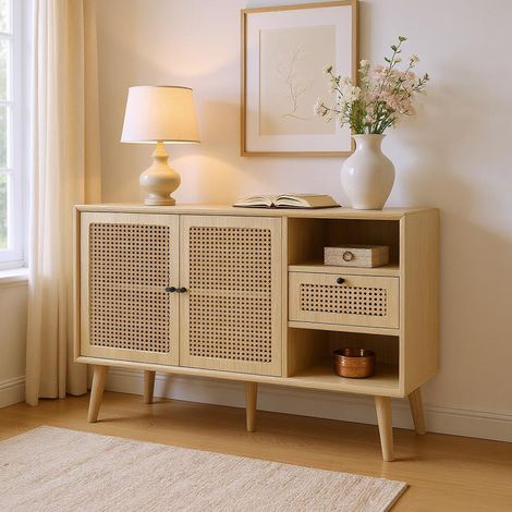 Buffet 2 portes 1 tiroir 2 niches 120x40x80 cm en cannage naturel (1/5)