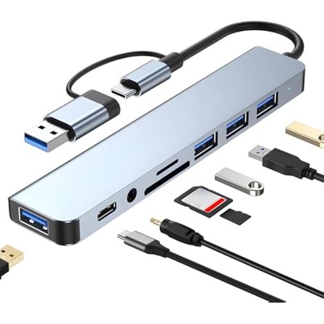 8 en 1 Hub USB C Hub avec Ports 3.0 Et 2.0 Lecteur De Cartes SD/TF Et Prises Audio 3,5 Mm pour Pc Ordinateur Portable Clé USB Souris Et iPad (1/5)