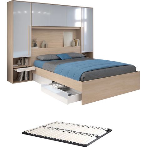 Vente-Unique – Lit pont 160 x 200 cm avec rangements – 2 tiroirs – Sommier à lattes – Avec LEDs multicolores – Style moderne