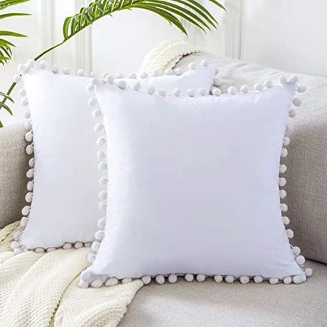 Fundas de cojín cuadradas de terciopelo blanco de 45 x 45 cm con borlas, ideales para sofás, dormitorios, salas de estar y coches compatibles con tamaños estándar.
