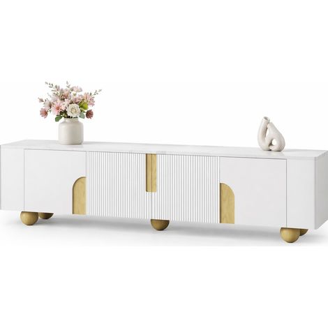 Meuble TV 180 cm blanc 4 portes avec finition marbre, pieds ronds en bois, structure MDF et panneau de particules, grand rangement pour salon moderne CHICFURN (1/5)