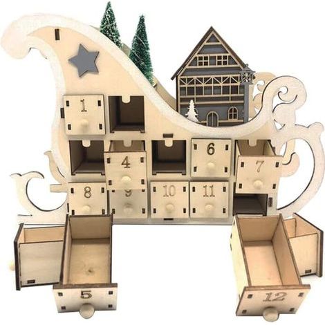 Calendrier de l'Avent en bois à remplir - Calendrier de Noël avec 24 tiroirs - DIY - Luge - Maison de Noël - Décoration de table - Kit de bricolage 2023 - compte à rebours (1/5)