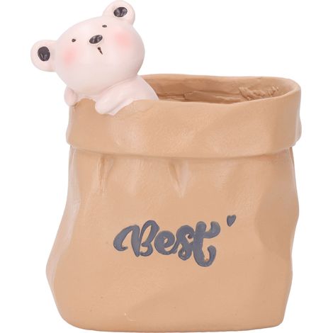 Dekorativer Stiftehalter aus Kunstharz in Form eines niedlichen Tieres in einer Einkaufstüte, kleiner Sukkulenten-Blumentopf, ideal für Schlafzimmer, Büro oder als Einzugsgeschenk. Teddybär. (1/5)