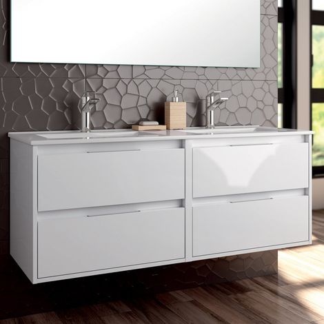 Meuble de salle de bain 120cm simple vasque - 4 tiroirs - sans miroir - blanc - IRIS (1/4)