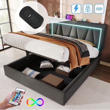 Cama 140x200 cm de lino gris con LED y USB, almacenaje, ahorra espacio, sin colchón – MEUBLIV (1/5)