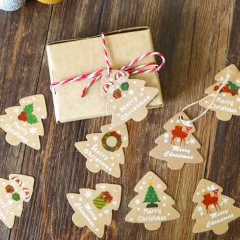 Etiquettes Cadeaux - Papier Kraft Noël - 96 Pièces - 12 Motifs - Avec Cordons Chanvre et Coton Rouge Blanc - Pour Emballage Cadeau (1/4)