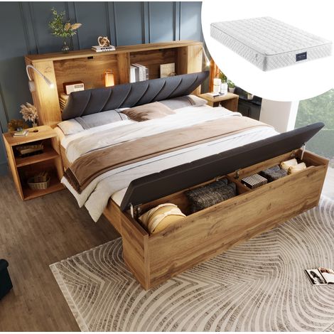 Lit 160x200 avec matelas, banc rangement et USB HAVRYA (1/5)