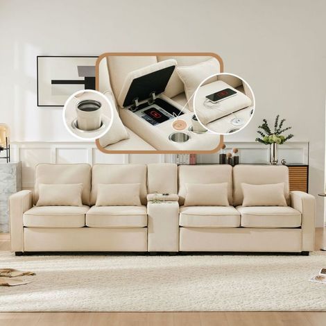 Canapé 4 places, tissu lin, console avec ports USB et porte-gobelets, poches accoudoirs, 4 coussins inclus (1/5)