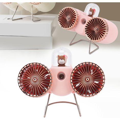 Ventilador de escritorio USB Bear Design con 2 aspas, 3 velocidades, luz nocturna y batería recargable – ABS, 290 g, rosa, para oficina, hogar y viajes. (1/5)