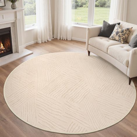 Tapis Salon Beige R120cm Géométrique Moderne 3D Crème antidérapant lavable en machine, doux et confortable pour chambre, séjour et salle à manger (1/5)