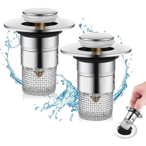 Lot de 2 bouchons de vidange de lavabo pour bonde de 34 à 40 mm avec tamis à cheveux, filtre universel pop-up pour évier de douche à écoulement rapide