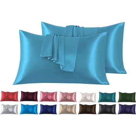 Lot de 2 Taies Oreiller en Satin 50 x 90 cm, Oreiller Satin Bleu Clair, Satinées Housse d'oreiller Doux Prend Soin de Votre Peau et Antichute de Cheveux (1/5)