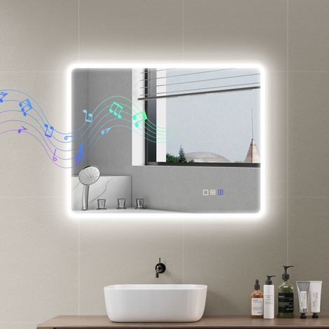LED-Badezimmerspiegel mit Bluetooth, 70 x 90 cm, Touch-Schalter, einstellbare Beleuchtung, 3 Farben, Antibeschlagfunktion, Memory-Funktion, silber