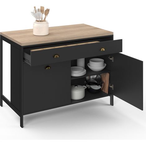 Idmarket – Îlot central 120 cm – Plateau bois façon hêtre et noir – Dimensions 120x70 cm – 1 tiroir et 2 placards avec étagères ajustables
