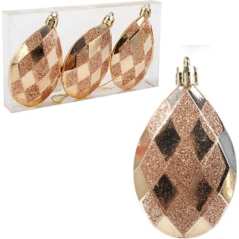 Set di 3 palline decorative dorate a forma di goccia, 9 cm, con decorazioni glitterate. (1/5)