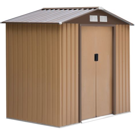 Outsunny caseta de jardín 213x130x185cm cobertizo metálico de exterior para almacenamiento de herramientas con 2 puertas correderas y 4 ventanas Caqui (1/7)