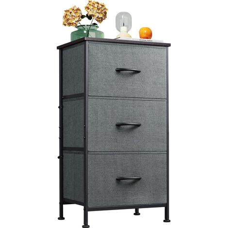 Commode 3 tiroirs en tissu, rangement chambre et couloir, cadre acier, plateau bois, gris foncé (1/5)