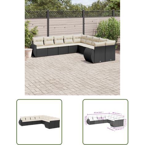 The Living Store 10-tlg. Garten-Sofagarnitur mit Kissen Schwarz Poly Rattan - Gartenmöbel - PE-Rattan Möbel - Outdoor Lounge Set - Gartenlounge - Esstischgarnitur (1/3)