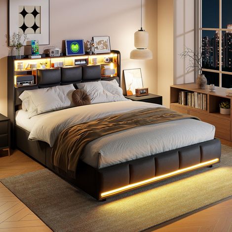 Bett 140x190 cm, mit einstellbarer LED-Beleuchtung, USB-Ladeanschluss, PU, Lattenrost, maximale Belastung 350 kg, Erwachsenenbett 140x190 cm, Schwarz