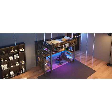 Cama alta 90x200 cm MDF y metal marrón-negro con escritorio, sin colchón – MEUBLIV (1/5)