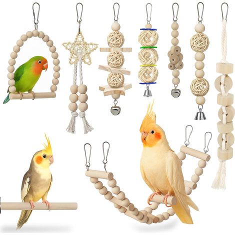 9 Pièces Jouets en Bois pour Oiseaux : Balançoires, Échelles, Cloches et Accessoires à Mâcher