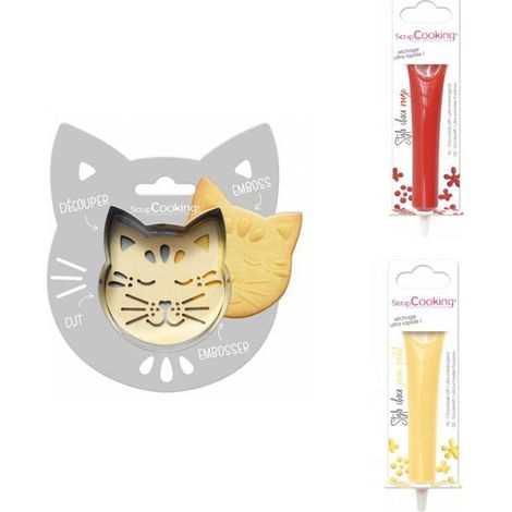 Kit pour biscuit en relief Chat + 2 Stylos au chocolat rouge et jaune pastel