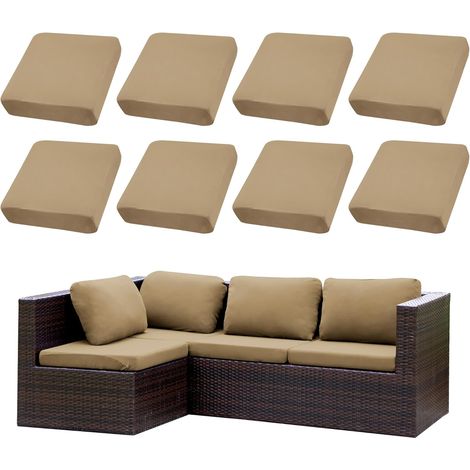Ensemble de 8 Housses de Coussins pour terrasseHousses pour canapés d'extérieurHousses Extensibles pour Coussins de canapéProtections pour Meubles lavables et réutilisables (1, Kaki) (1/5)