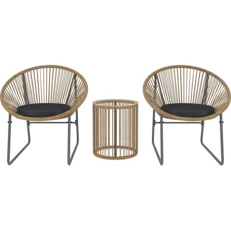 Set da Giardino 3 Pezzi con 2 Sedie con Cuscini e Tavolino a Cilindro con Piano in Vetro in Rattan PE Legno e Nero
