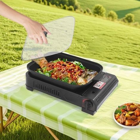 Eisen Grill Gasherd mit Topfdeckel, tragbarer Outdoor Camping Grill, 45  30,5  8,5 cm