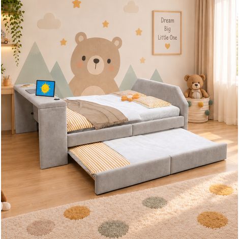 Letto per bambini 140/200 cm grigio in velluto con scrivania, USB e letto estraibile (1/5)