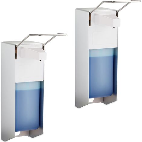 2x Set Dispenser di Sapone a Parete, 1000 ml, Erogatore Disinfettante, Portasapone a Muro Manuale con Leva, argento
