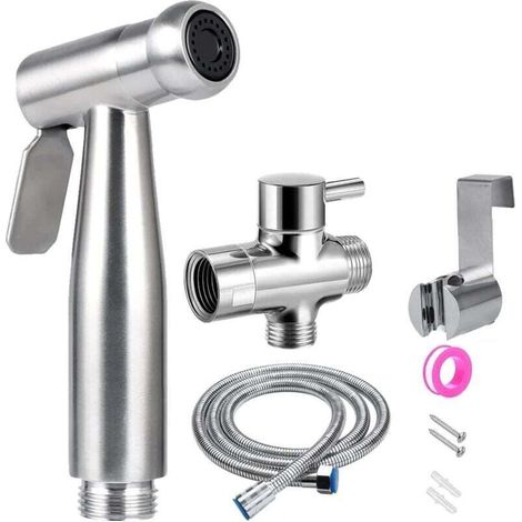 YMYNY Douchette Wc Kit Complet - Kit Douchette Wc avec Vanne 3 Voies (1/2"-3/8") I Tailles Standards France (Argent)