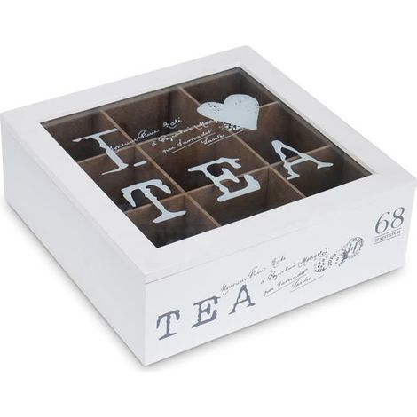 (Weiße) Teedose aus Holz mit 9 Fächern und Glasdeckel (1/4)