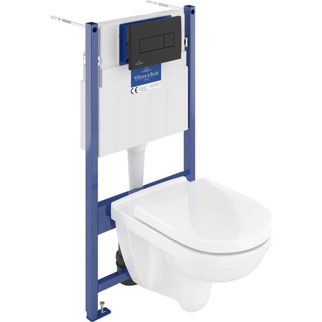 Villeroy & Boch – Pack bâti-support WC suspendu – Fixation sol et mur – Cuvette sans bride O.Novo – Abattant soft close et quick release – Plaque de déclenchement noire mat (1/5)
