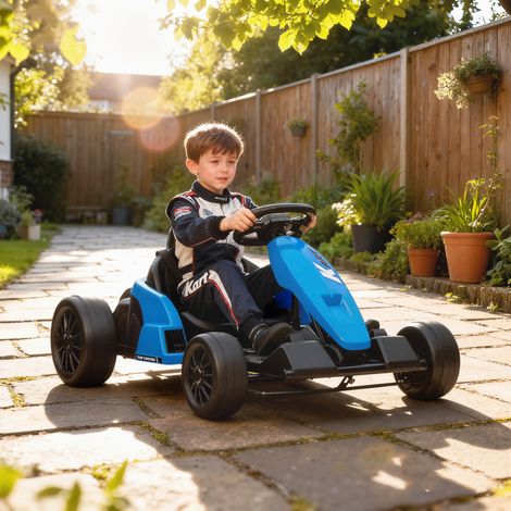Kart eléctrico de 24 V, modo derrape, asiento ajustable, arnés de seguridad de 5 puntos, función de música, claxon, de 6 a 12 años, azul. (1/5)