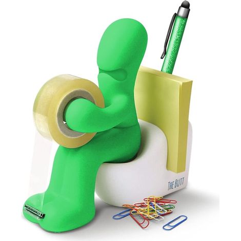 QAZQA Le Butt Station Fournitures de Bureau - Dévidoir de Ruban Amusant - Porte Accessoires de Bureau Rigolo et Sympa avec Rouleau de Ruban, Trombones, Notes Adhésives et Stylo(non inclus)-Vert (1/5)