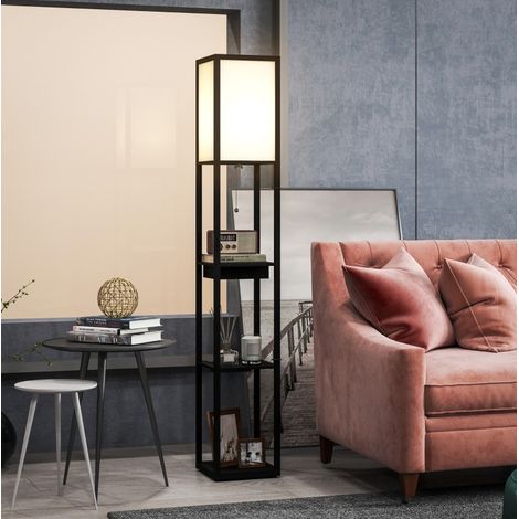 Lampadaire avec 3 étagères, ports USB-A/C, douille E27, abat-jour en tissu, blanc et noir, OKWISH (1/5)