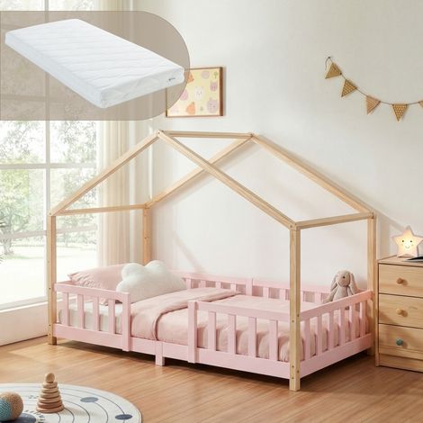 Kinderbett Treviolo 90x200 cm mit Kaltschaummatratze und Gitter Rosa / Natur [en.casa] (1/5)