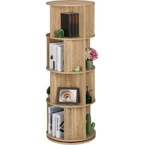Relaxdays Estantería Giratoria, 20 Compartimentos, 137x50cm, Efecto Madera, Estante para Libros y DVD, Librería, Natural