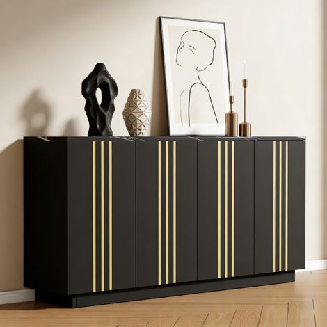 Modernluxe - Buffet 140x35x70 cm - 4 portes - Étagères réglables - Panneaux de particules - Noir et doré (1/5)