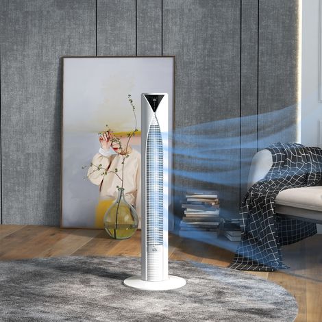 Ventilatore a torre oscillante a 70° con telecomando, 4 modalità, 3 velocità, timer, 31,5 x 31,5 x 96 cm, bianco